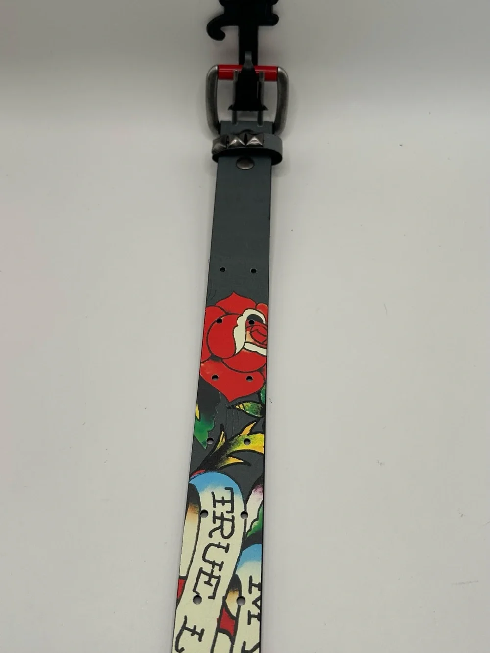Ed Hardy Men's Graphic Floral Skull Tattoo Studded Belt Adjustable Buckle 38
